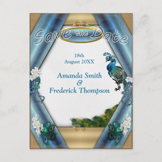 Goud, twee pacocks, veren op Emerald Green Silk Aankondigingskaart (Voorkant)