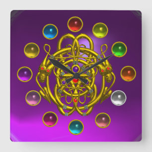 GOUD TWEEDE DRAGONS AFDRUKTE KLEURSTONEN VIERKANTE KLOK