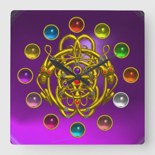 GOUD TWEEDE DRAGONS AFDRUKTE KLEURSTONEN VIERKANTE KLOK (Voorkant)