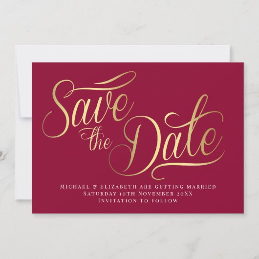 Goud Typo Modern Bourgondië Save The Date Kaart (Voorkant)