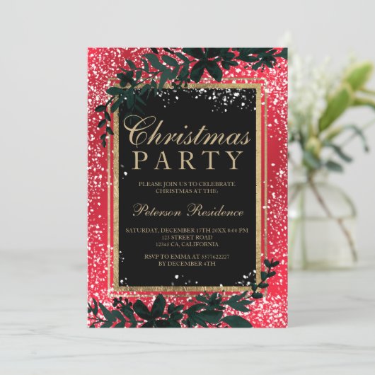 goud typografie blad sneeuw elegant rood Kerstmis Kaart (Staand voorkant)