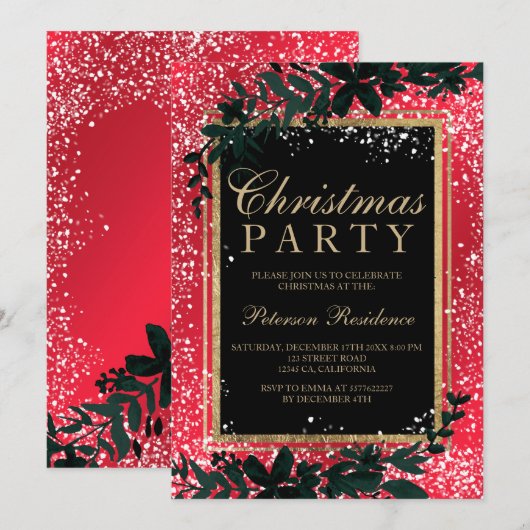 goud typografie blad sneeuw elegant rood Kerstmis Kaart (Voorkant / Achterkant)