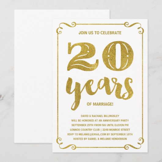 Goud typografie | Nep folie 20ste verjaardag Kaart (Voorkant / Achterkant)