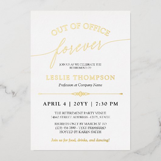 Goud uit Kantoor Forever Pensioen Partij Folie Uitnodiging (Voorkant)