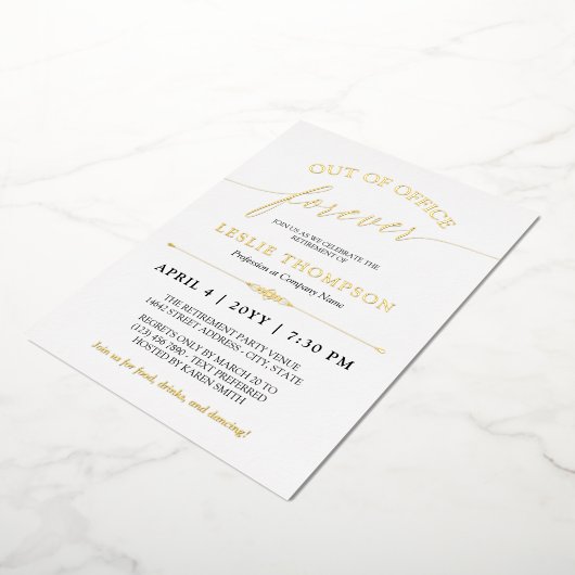 Goud uit Kantoor Forever Pensioen Partij Folie Uitnodiging (Gedraaid)