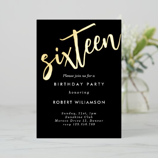 Goud-uitnodiging voor zestien jaar folie uitnodiging (Staand Voorkant)