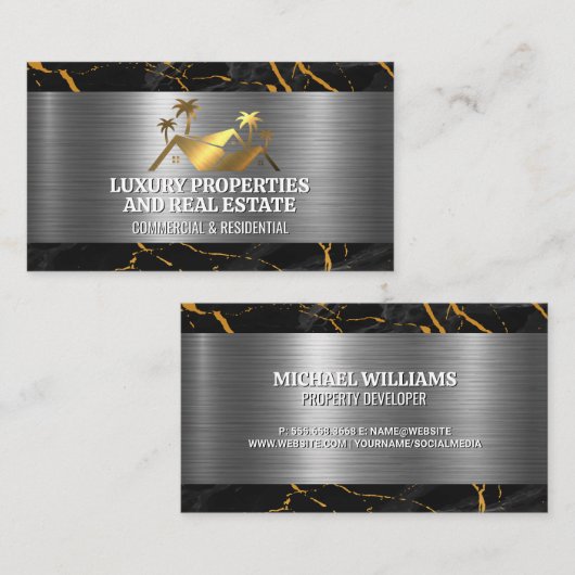 Goud Vastgoed Logo | Marmeren metaal Visitekaartje (Voorkant / Achterkant)
