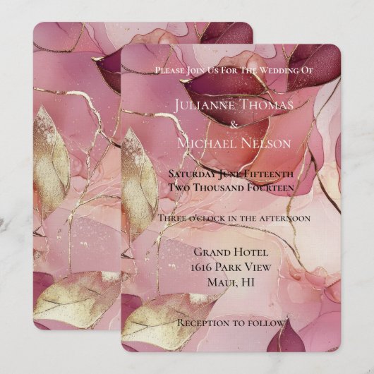 Goud verlaat Bourgondische Blush Roze Romantische  Kaart (Voorkant / Achterkant)