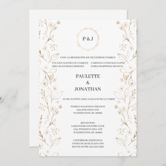 Goud verlaten elegante bruiloft uitnodiging (Voorkant / Achterkant)