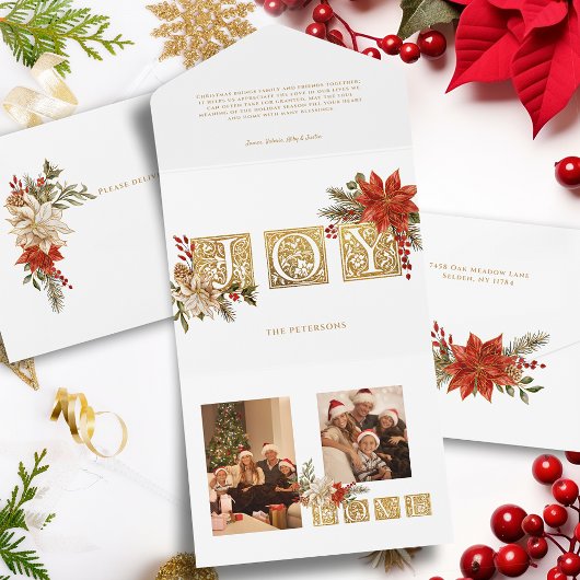 Goud Verlichte Vreugd Blok Letters w/Poinsettias All In One Uitnodiging
