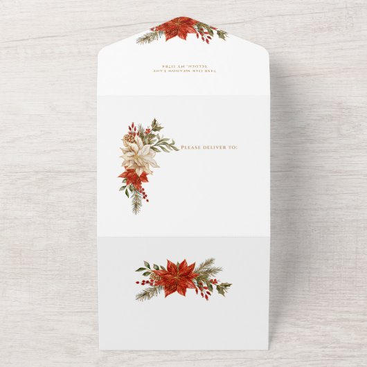 Goud Verlichte Vreugd Blok Letters w/Poinsettias All In One Uitnodiging (Buitenkant)