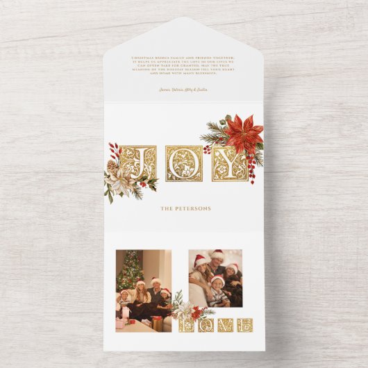Goud Verlichte Vreugd Blok Letters w/Poinsettias All In One Uitnodiging (Binnen)