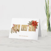 Goud Verlichte Vreugd Blok Letters w/Poinsettias Feestdagen Kaart (Voorkant)