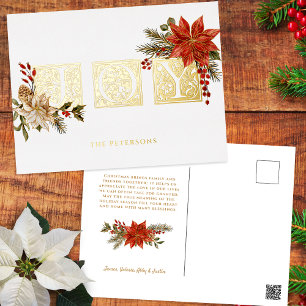 Goud Verlichte Vreugd Blok Letters w/Poinsettias Folie Feestdagen Briefkaart