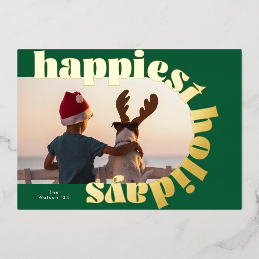 Goud vet typografie & groen ovaal foto kerst folie feestdagenkaart (Voorkant)