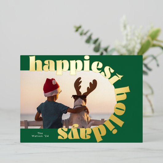 Goud vet typografie & groen ovaal foto kerst folie feestdagenkaart (Staand Voorkant)