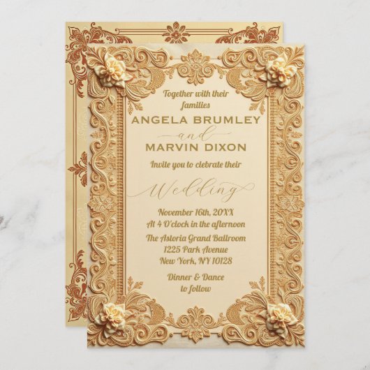  Goud Victoriaans Kant Formele bruiloft Kaart (Voorkant / Achterkant)