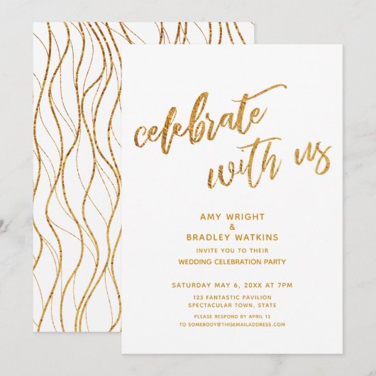 Goud Vier met ons mee Witte Bruiloftsreceptie Kaart (Voorkant / Achterkant)