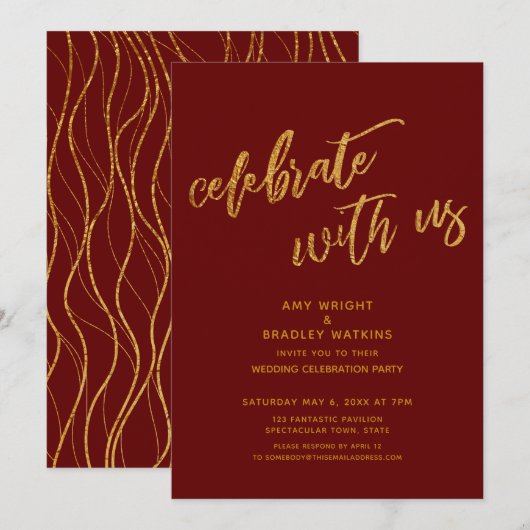 Goud Vier Ons Feest Met Us Burgundy Trouwreceptie Kaart (Voorkant / Achterkant)