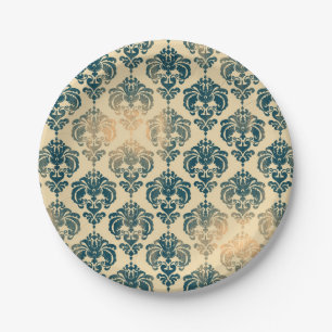 Goud & Vintage Blauw Rustiek Moderne Glam Damast Papieren Bordje