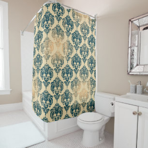 Goud & Vintage Blauw Rustieke Moderne Glam Damast Douchegordijn