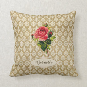 Goud vintage damast motief roze roos en naam kussen