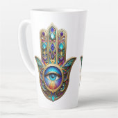 Goud Violet Turquoise Hamsa met Saffier Derde Oog Latte Mok (Linkerhoek)