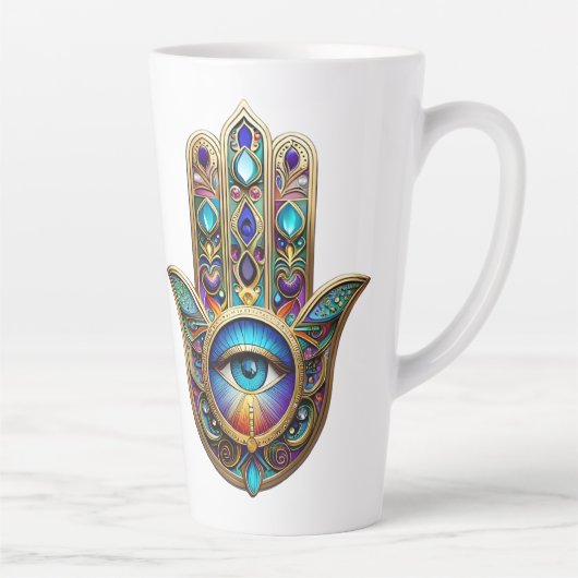 Goud Violet Turquoise Hamsa met Saffier Derde Oog Latte Mok (Rechts)