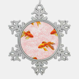 Goud vispatroon roze tin sneeuwvlok ornament