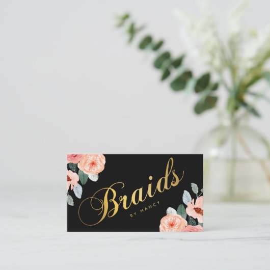 Goud Vlechten Script Calligrafie Waterverf Bloemen Visitekaartje (Staand voorkant)