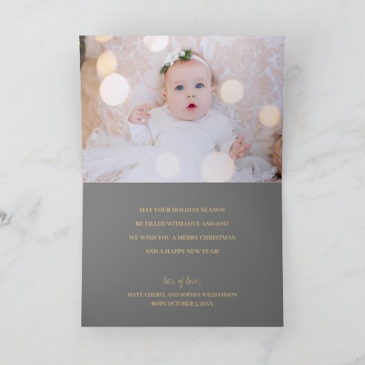 Goud Vreugdevol op Grijs Gevouwen Foto Kerstmis Kaart (Binnen)