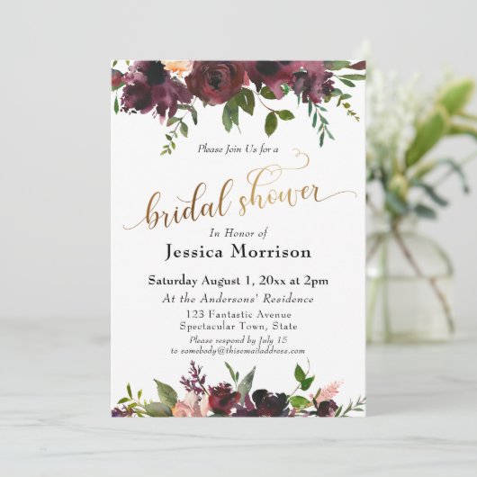 Goud Vrijgezellenfeest Bourgogne Waterverf Bloemen Kaart (Staand voorkant)