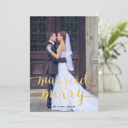 Goud Vrolijk en Getrouwd Foto Feestdagenkaart (Staand voorkant)