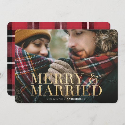 Goud Vrolijk & Getrouwd rood plaid foto kaart (Voorkant / Achterkant)
