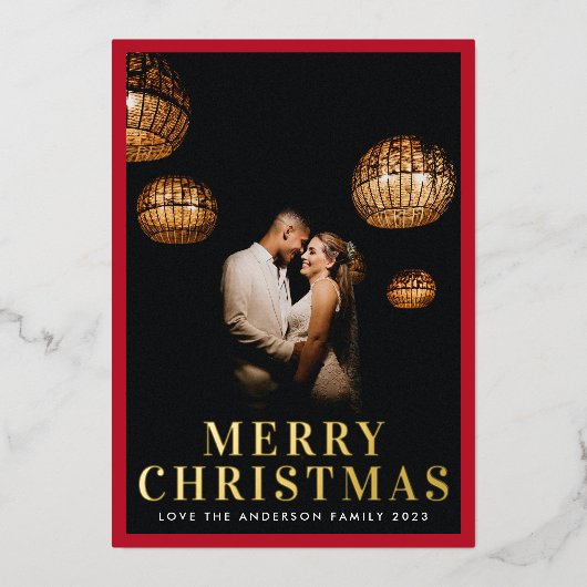 Goud Vrolijk Kerst Elegant Rood Lijst Foto Folie Feestdagenkaart (Voorkant)