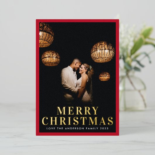 Goud Vrolijk Kerst Elegant Rood Lijst Foto Folie Feestdagenkaart (Staand Voorkant)