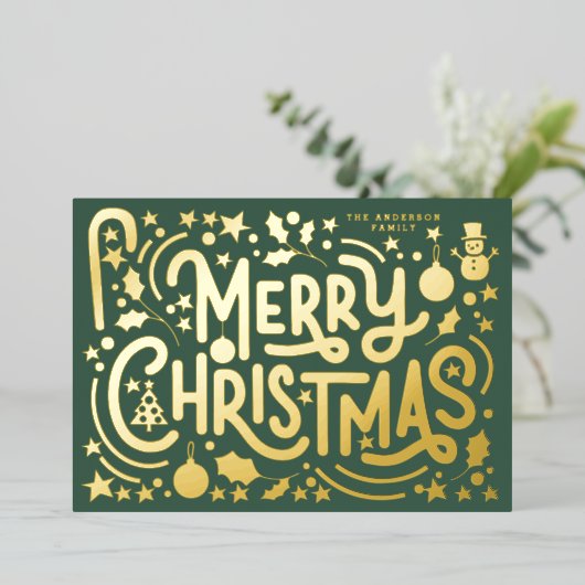 Goud Vrolijk Kerstbelettering Foto Terug Folie Feestdagenkaart (Staand Voorkant)