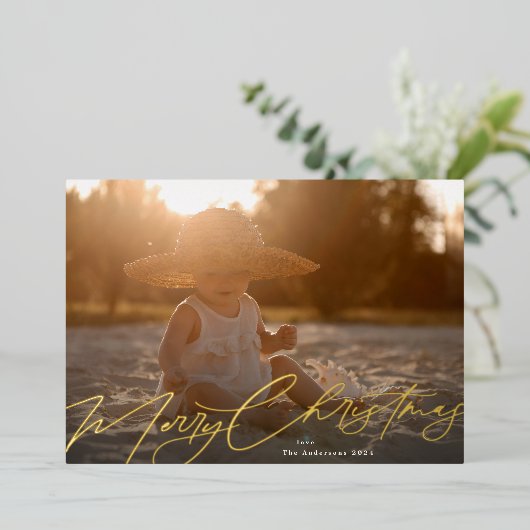 Goud Vrolijk Kerstfeest Elegante Kalligrafie Foto Folie Feestdagenkaart (Staand Voorkant)