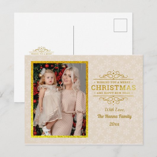 Goud Vrolijk Kerstfeest & Gelukkig Nieuwjaar & Sne Feestdagenkaart (Voorkant / Achterkant)