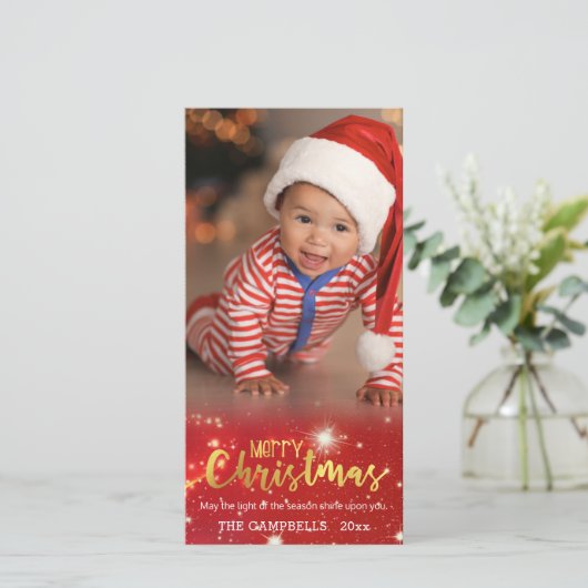 Goud Vrolijk Kerstfeest, Goud & Wit Licht Feestdagenkaart (Staand voorkant)