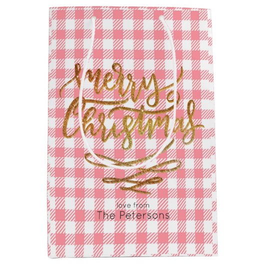 Goud Vrolijk Kerstfeest op Pink Gingham Plaid Medium Cadeauzakje (Voorkant)