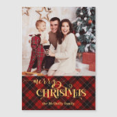 Goud Vrolijk Kerstfeest op Rode Tartan Foto (Voorkant)