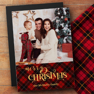 Goud Vrolijk Kerstfeest op Rode Tartan Foto