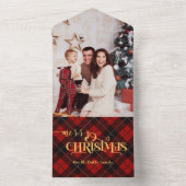 Goud Vrolijk Kerstfeest op Rode Tartan Foto All In One Uitnodiging (Binnen)