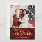 Goud Vrolijk Kerstfeest op Rode Tartan Foto Feestdagenkaart (Voorkant)