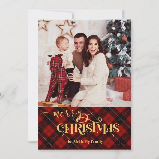 Goud Vrolijk Kerstfeest op Rode Tartan Foto Feestdagenkaart (Voorkant)