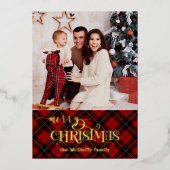 Goud Vrolijk Kerstfeest op Rode Tartan Foto Folie Feestdagenkaart (Voorkant)
