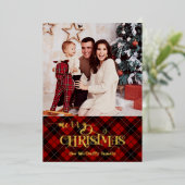Goud Vrolijk Kerstfeest op Rode Tartan Foto Folie Feestdagenkaart (Staand Voorkant)