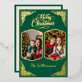 Goud Vrolijk Kerstfeest, twee foto's, groen, Goud Folie Feestdagenkaart