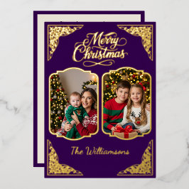 Goud Vrolijk Kerstfeest, twee picts, paarse, Goud Folie Feestdagenkaart